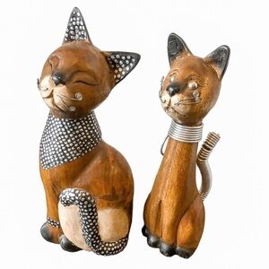 Wood Carved Cats with Metal Accents